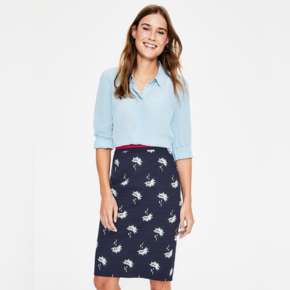 Boden Navy Blue Herron Dandelion Pencil Skirt 14P Navy Pink Cotton Stretch Lined